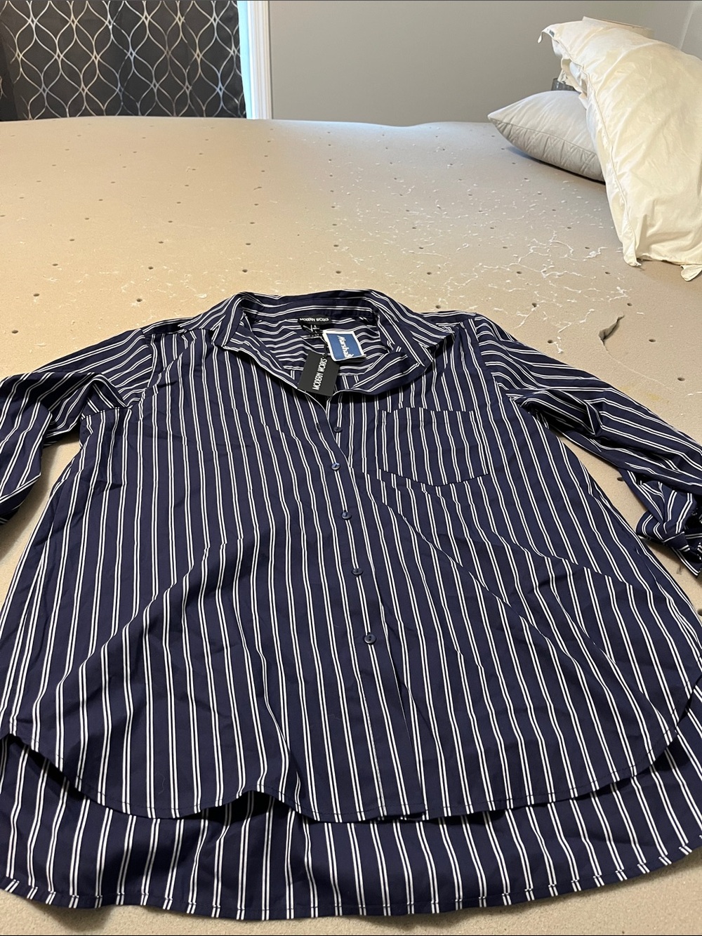 Relaxed Navy and White Stripe Button-Down Shirt - Women's